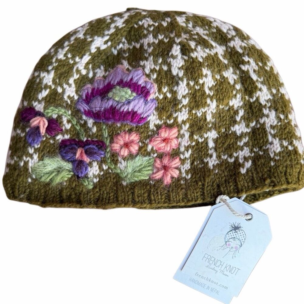 French Knot Georgia Floral Embroidered Wool Boho Beanie Olive Womens OS NWT